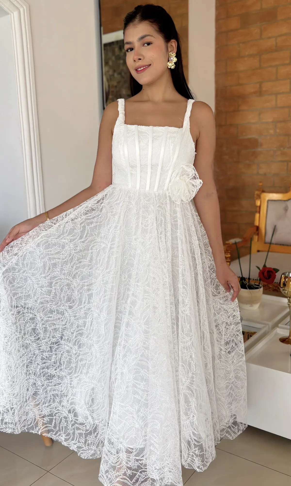Vestido Midi Encaje Flor