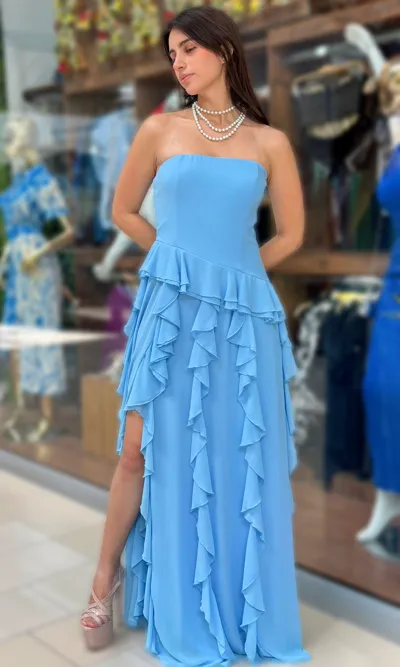 Vestido Largo Volantes Celeste