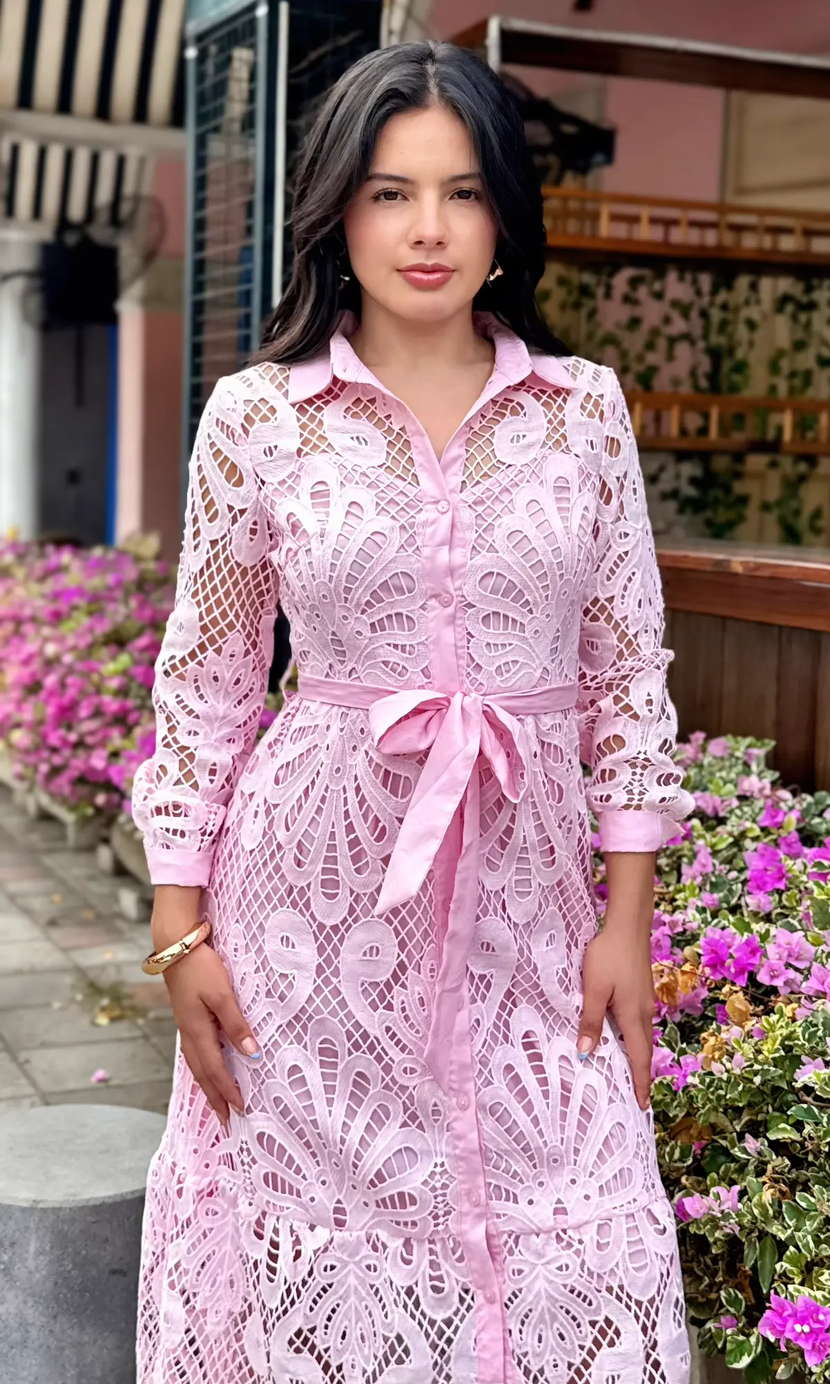 Vestido Largo Encaje Rosa