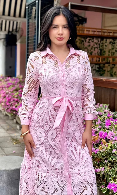 Vestido Largo Encaje Rosa